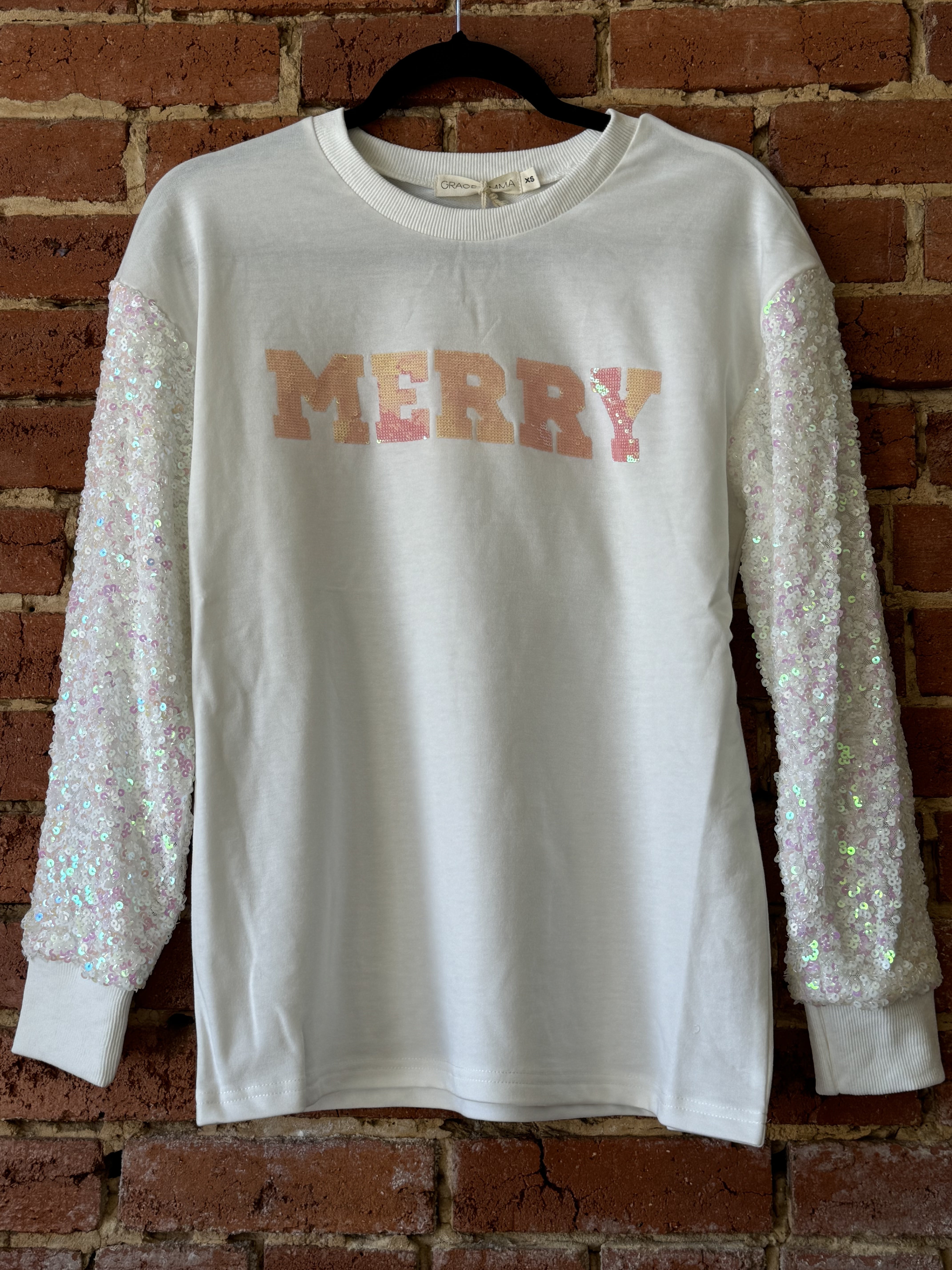 Merry White Sweatshirt with Sequin Sleeves