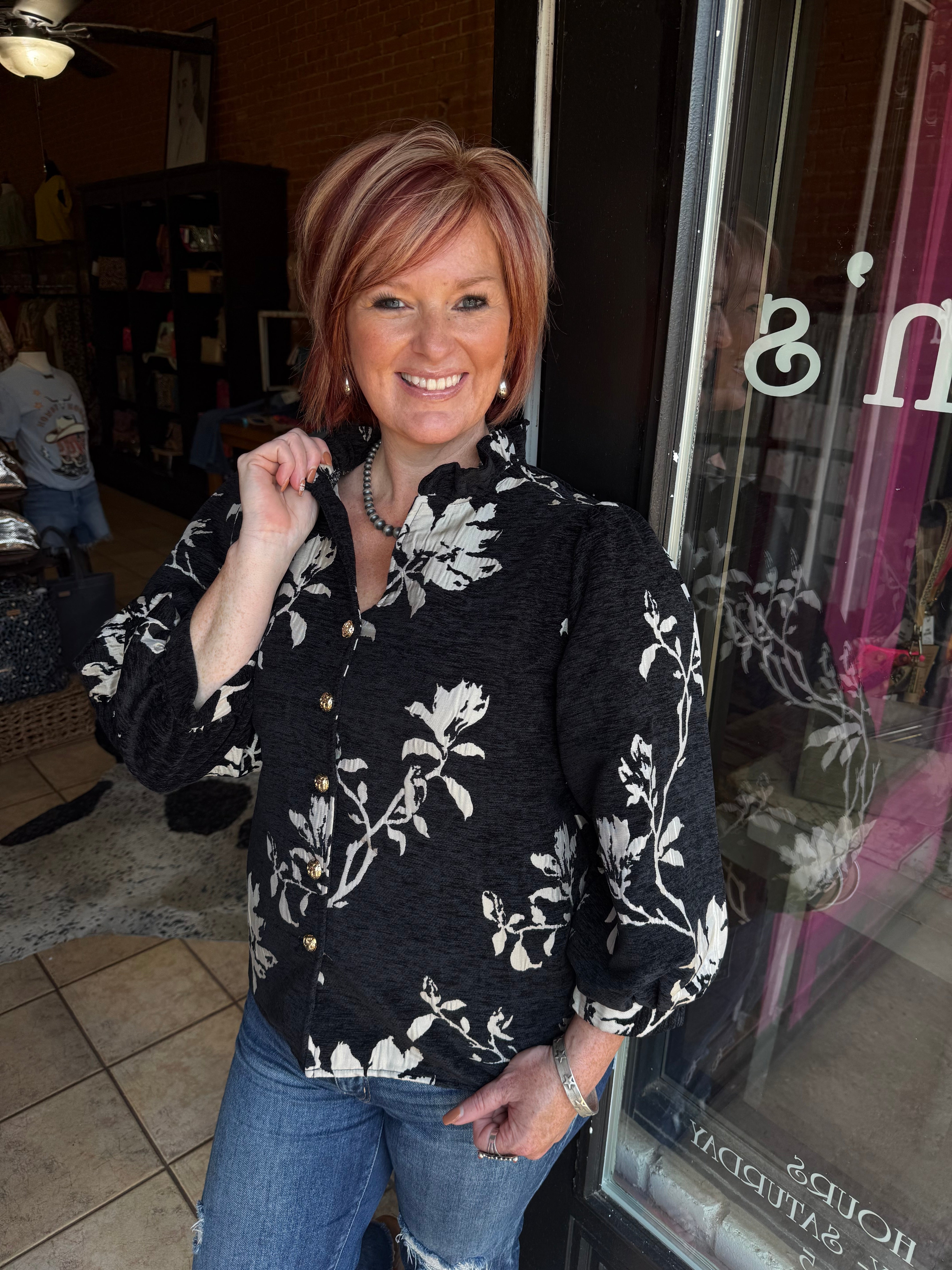 Black and Cream Floral Button-Down Top