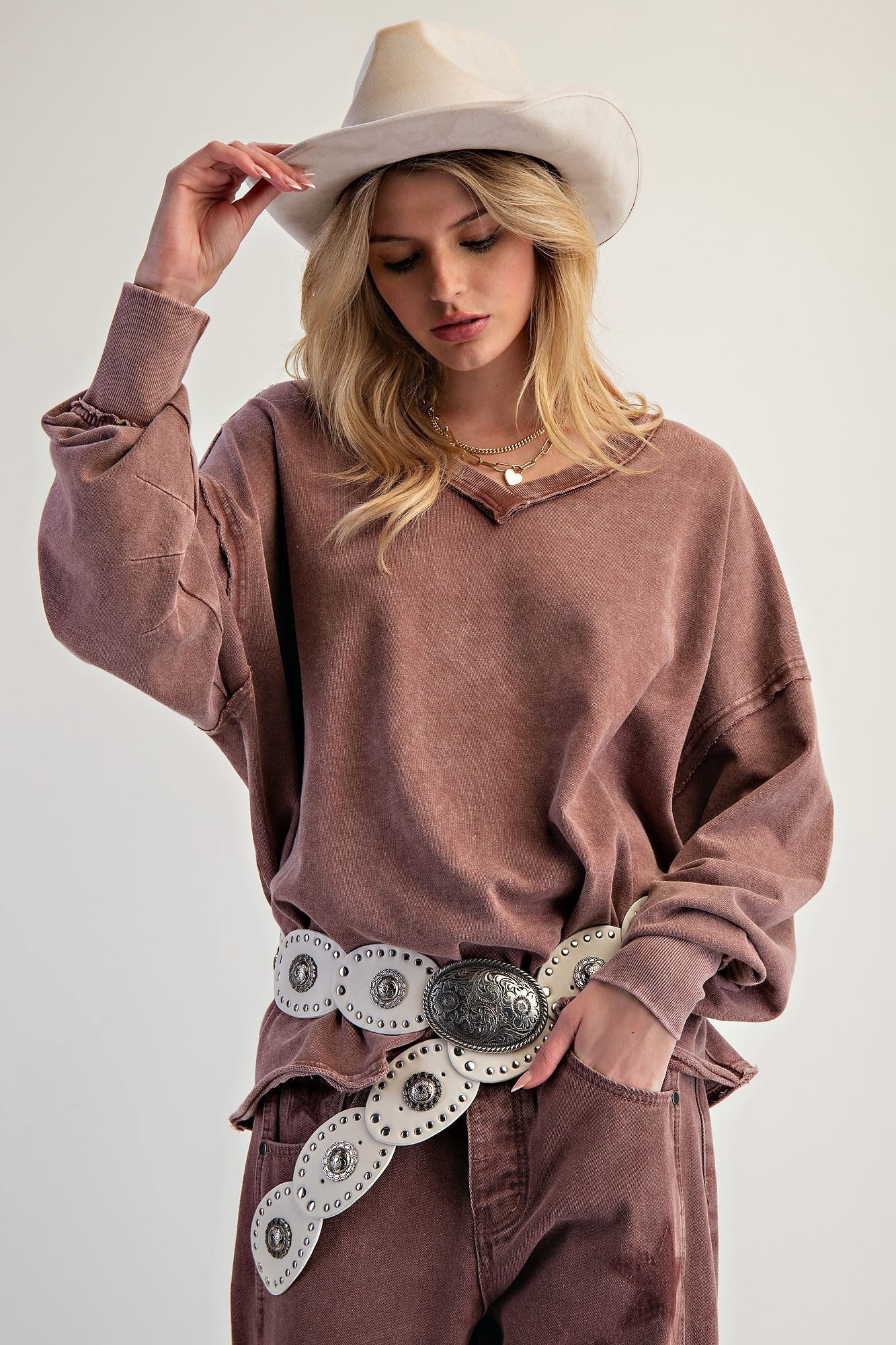 Deep V Neck Washed Terry Pullover