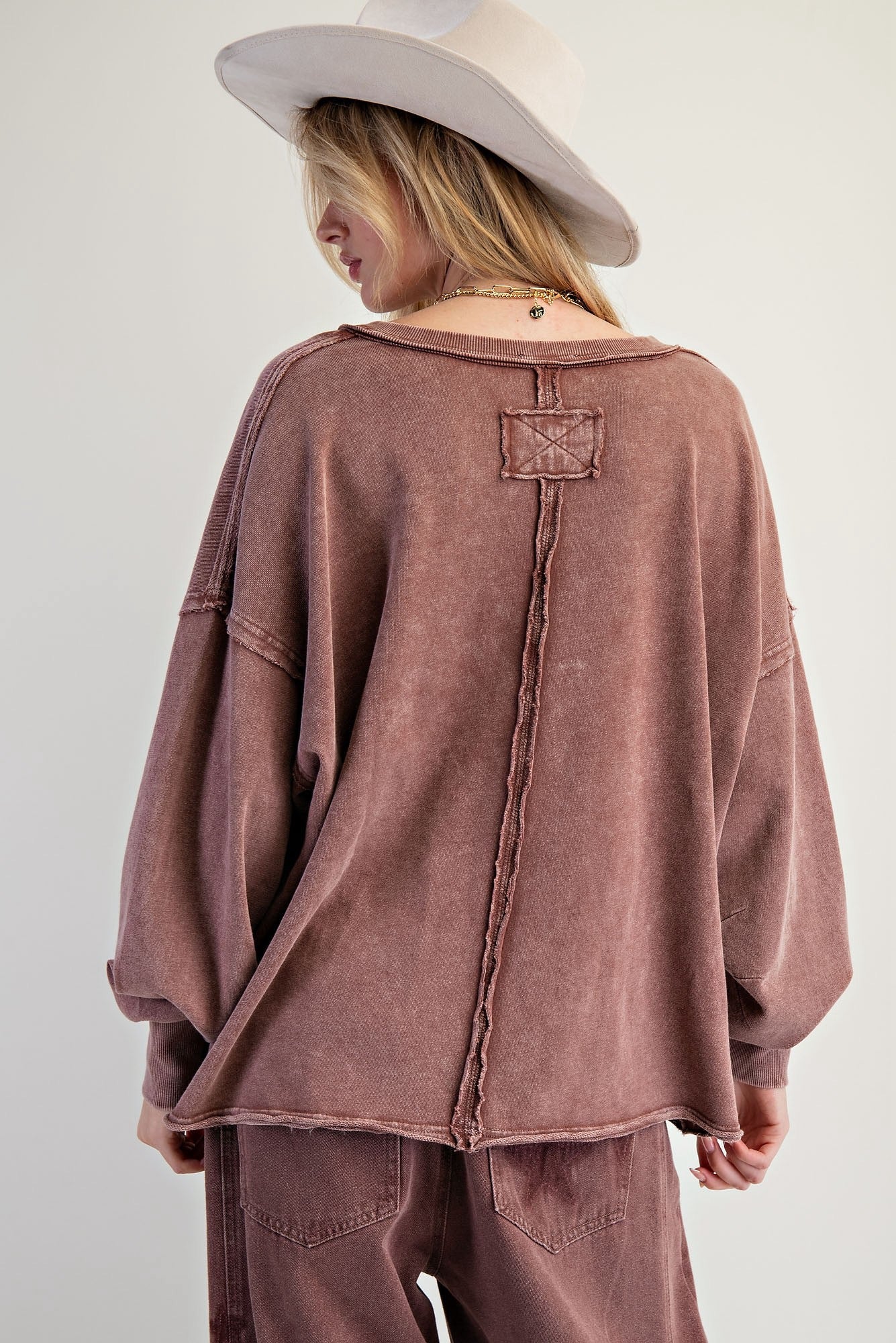 Deep V Neck Washed Terry Pullover