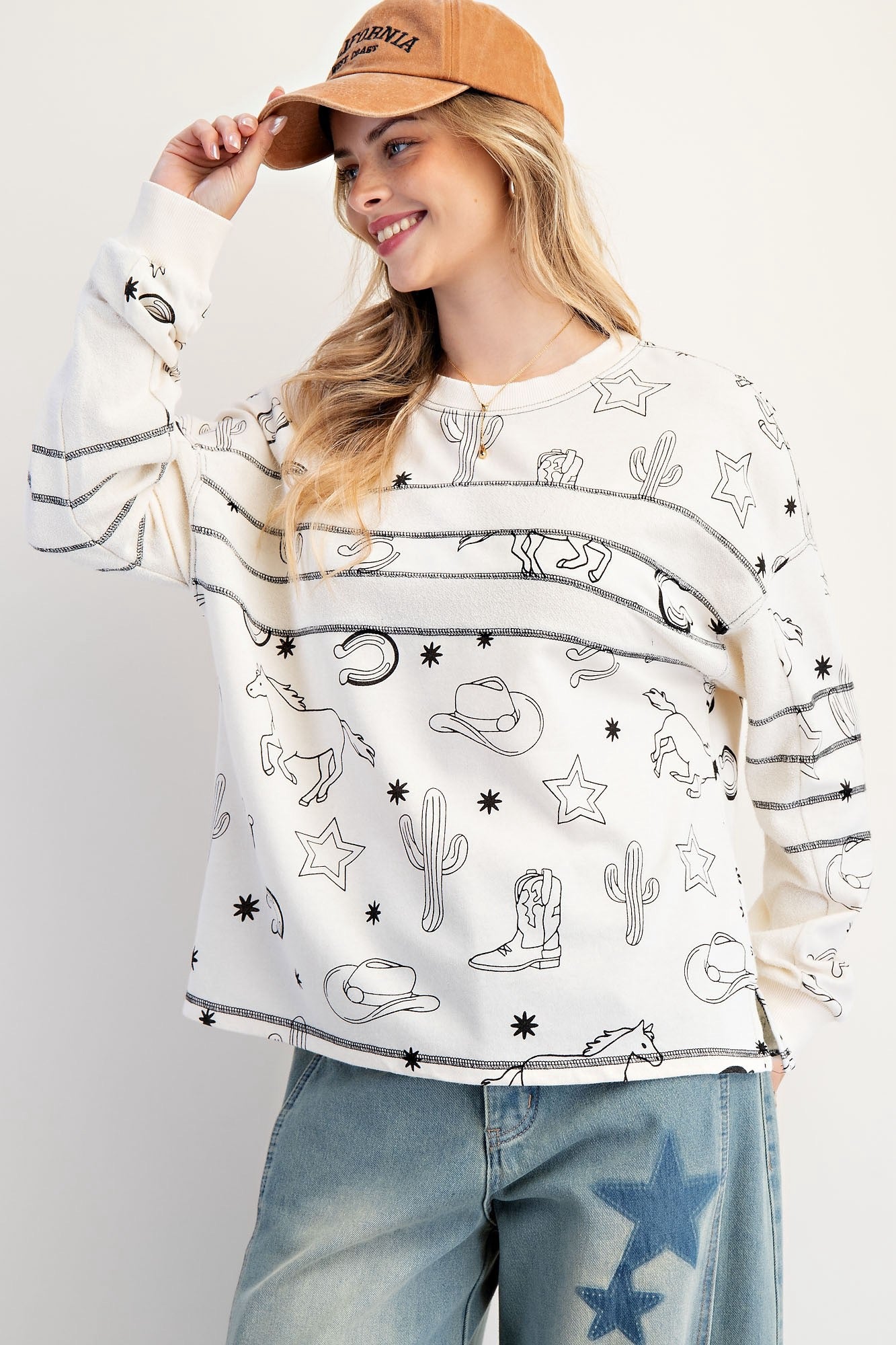 WESTERN PRINT WASHED TERRY PULLOVER