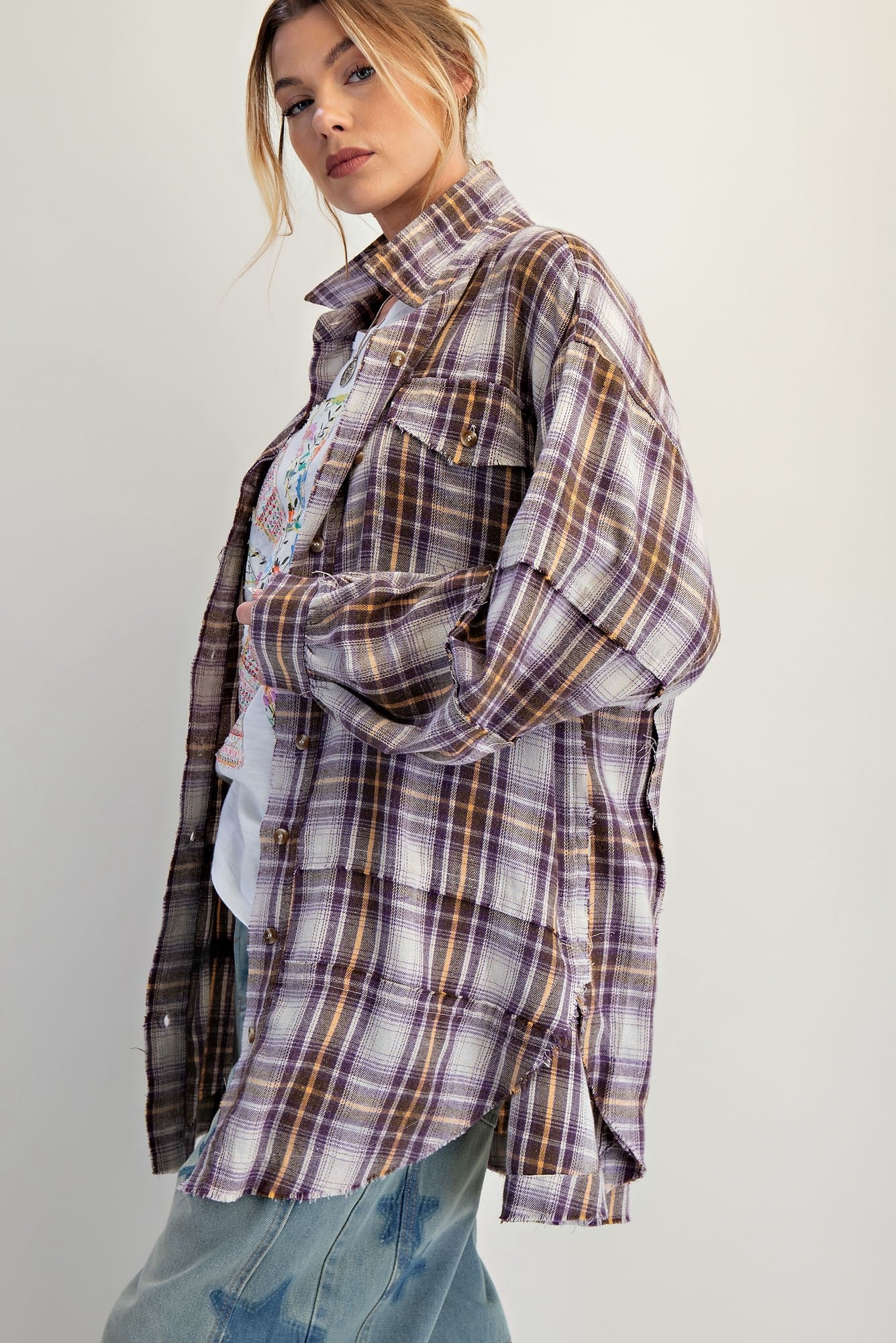 WASHED BUTTON DOWN FLANNEL TUNIC