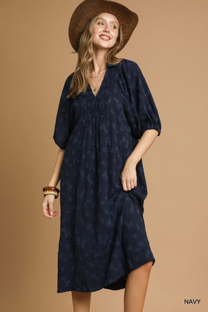 Jacquard V-Neck Smocked Midi Dress