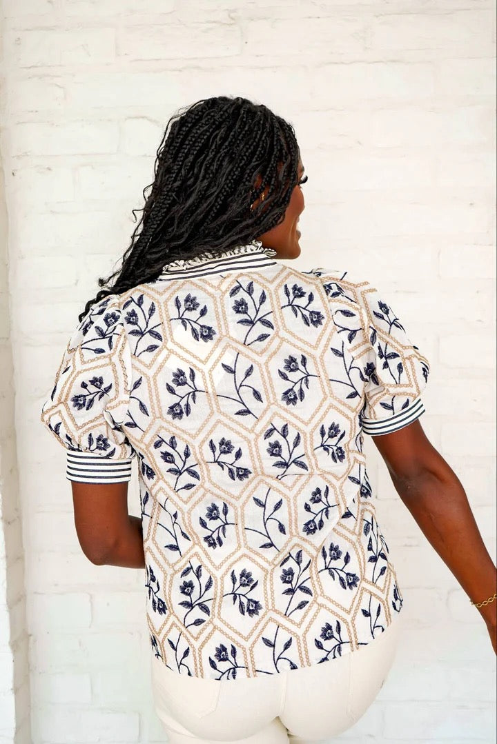 Cream and Navy Blouse
