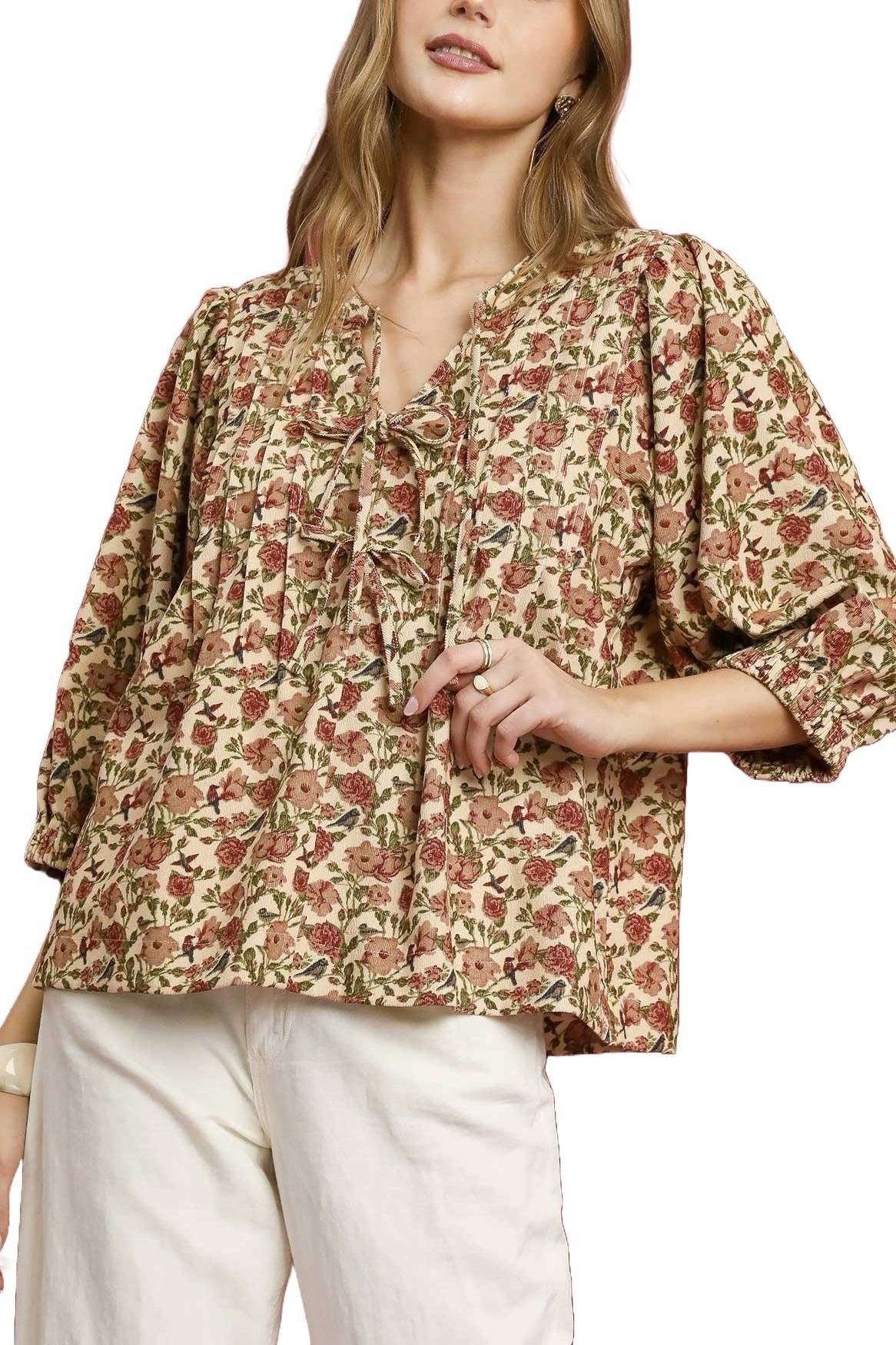 Vintage Floral Pintuck Blouse