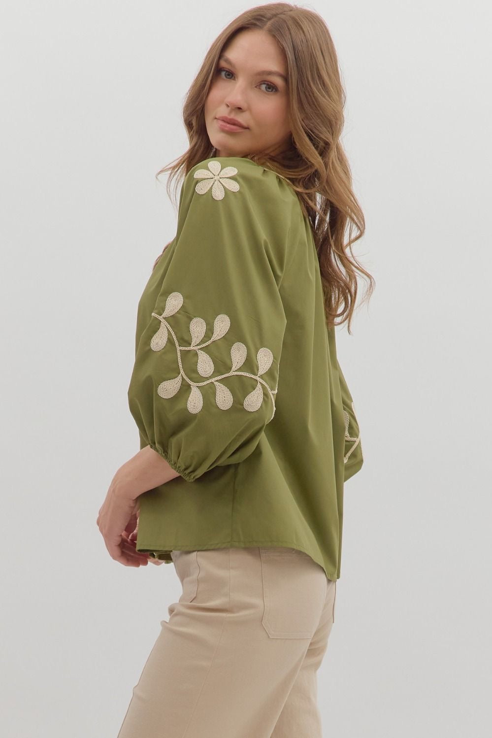 Olive Embroidered Floral Blouse