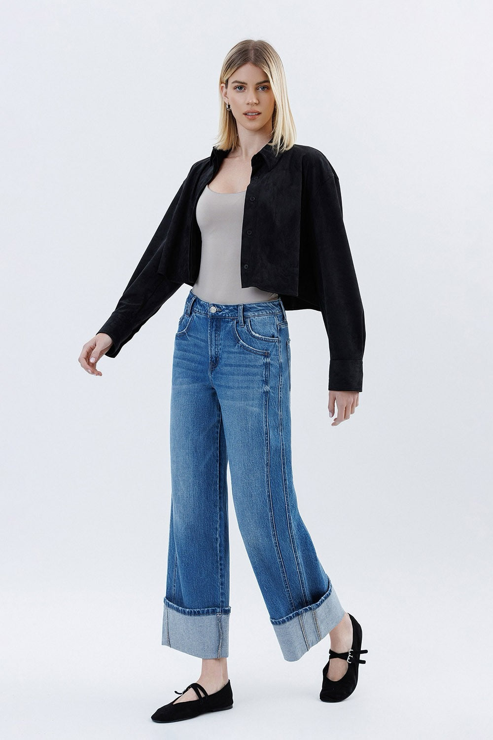 Super High Rise Cuffed Baggy Wide Vervet Jean
