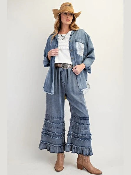 Self Fray Denim Washed Ruffle Bottoms