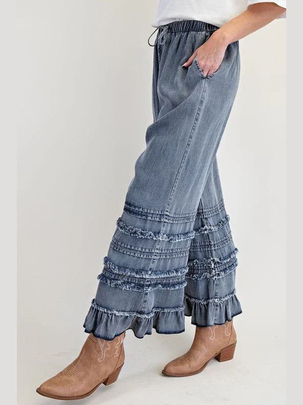 Self Fray Denim Washed Ruffle Bottoms