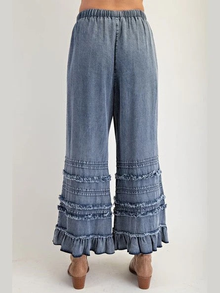 Self Fray Denim Washed Ruffle Bottoms