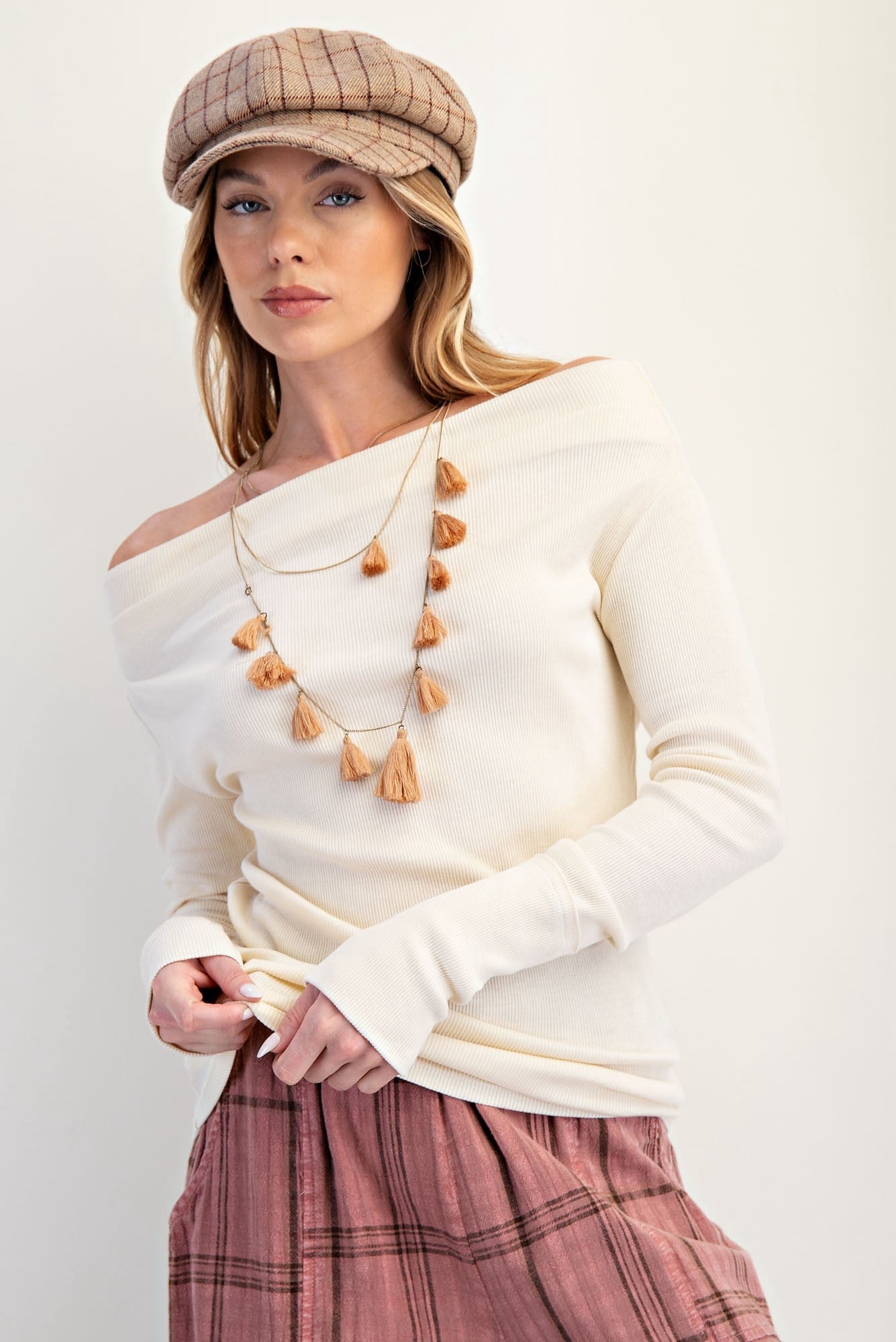 Off Shoulder Washed Rib Knit Top