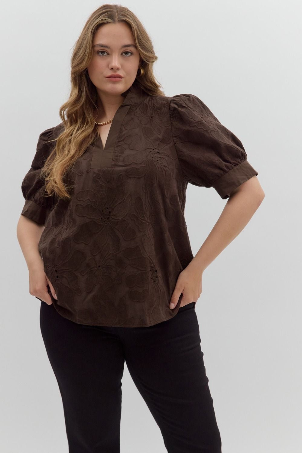 Floral embroidered  puff sleeve pullover top