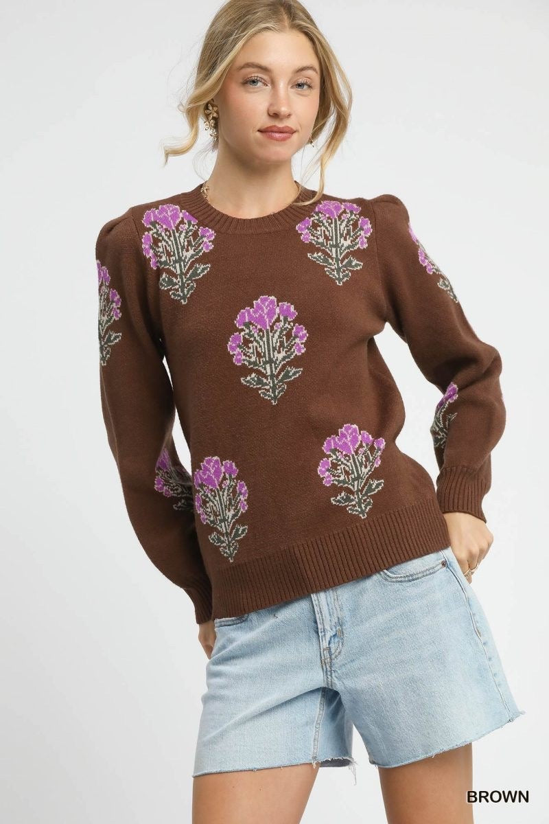 Single Flower Stem Jacquard Pullover Sweater