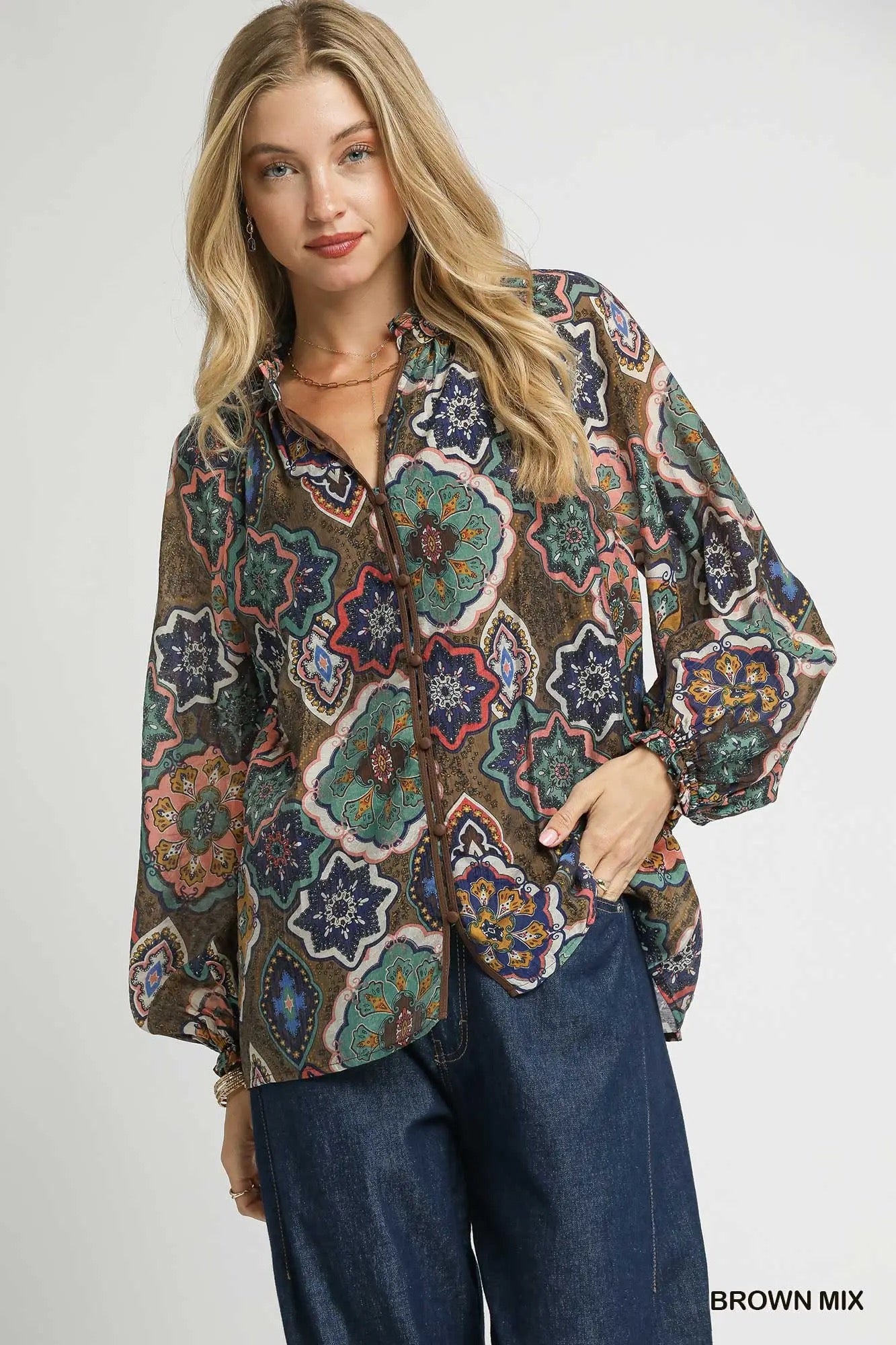 Boho Mosaic Print Button Down Blouse