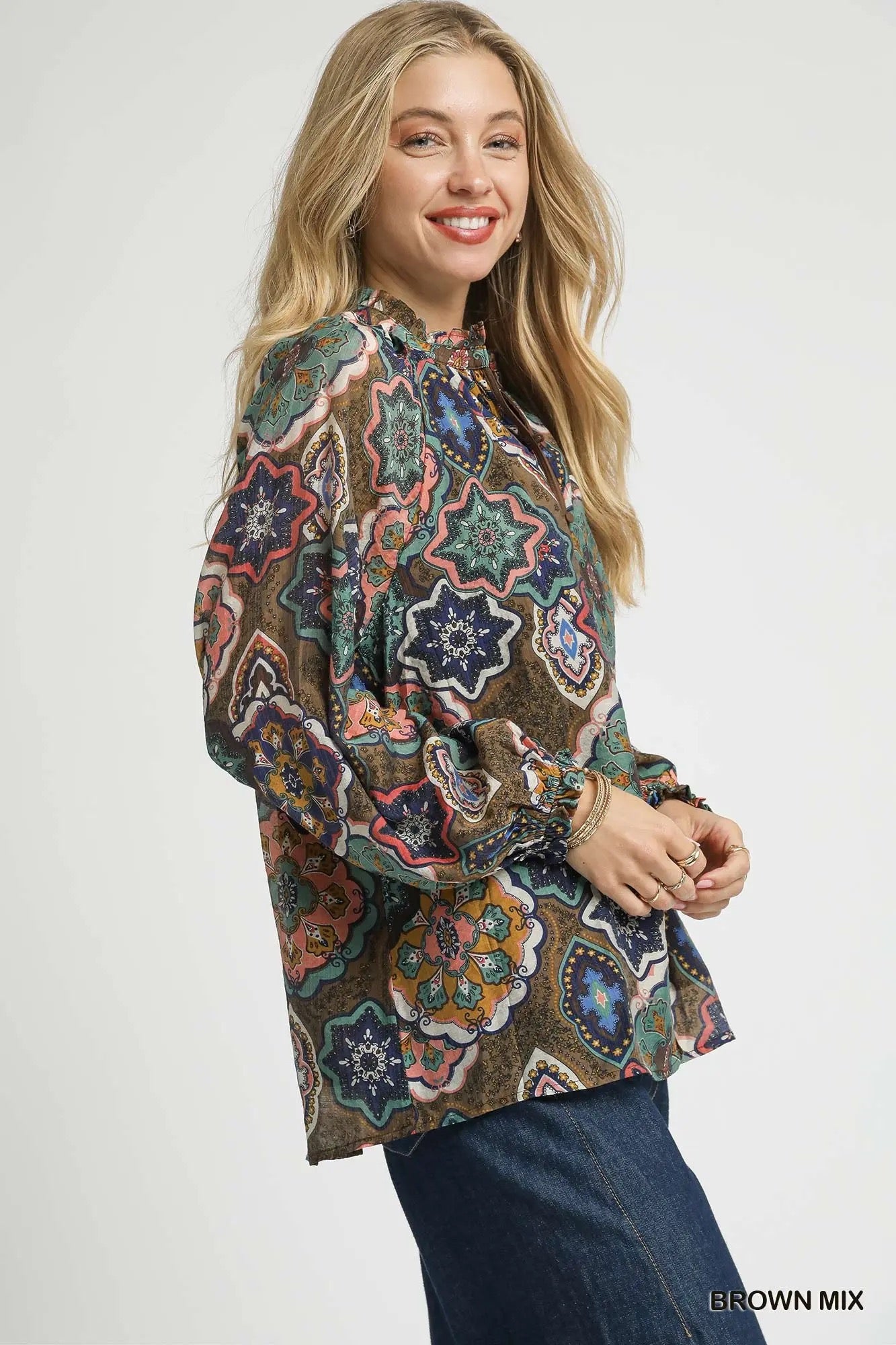 Boho Mosaic Print Button Down Blouse