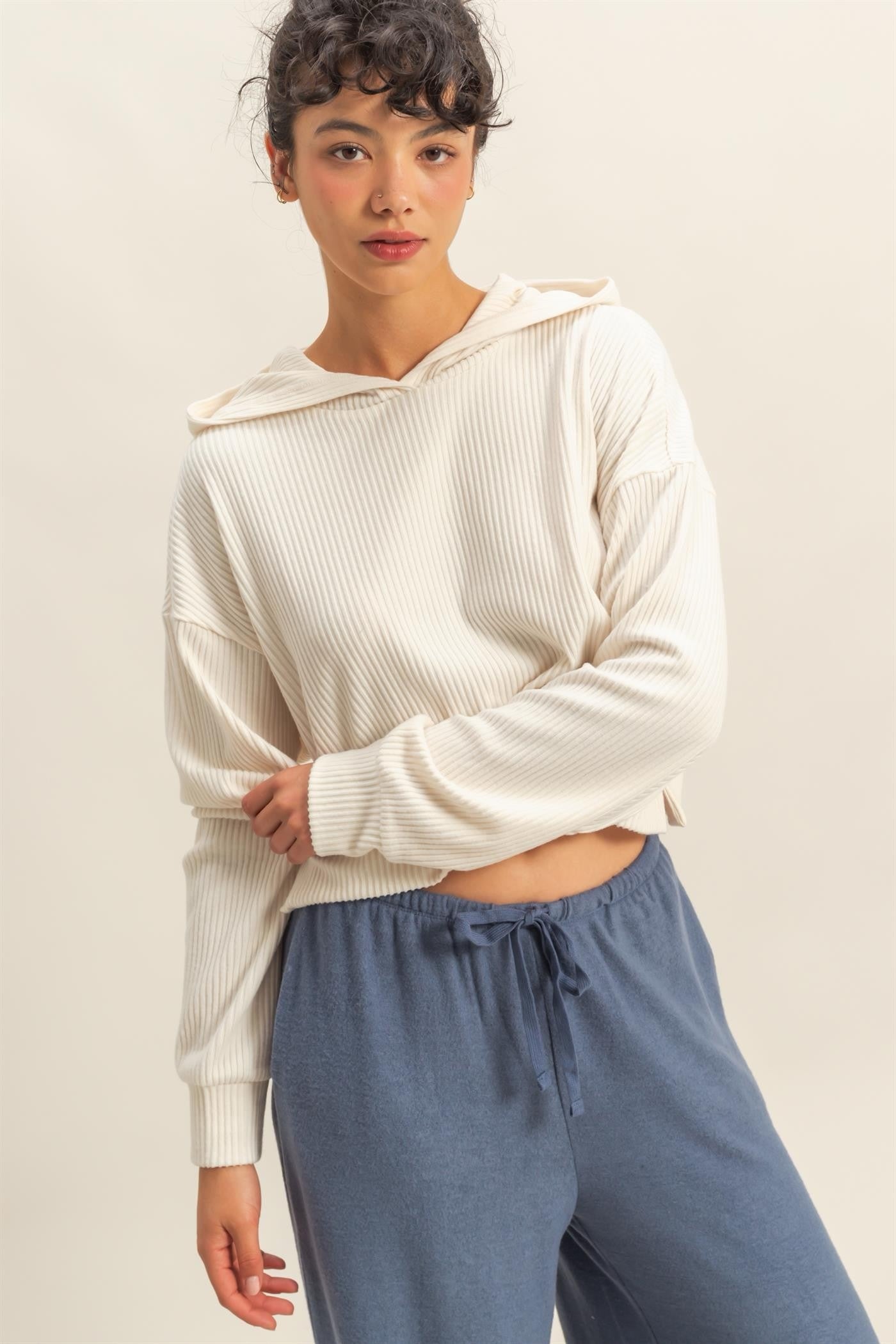 Drop Shoulder Casual Cropped Ribbed Hoodie