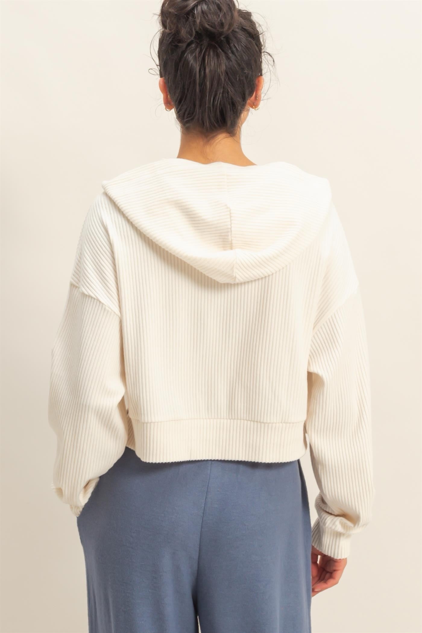 Drop Shoulder Casual Cropped Ribbed Hoodie