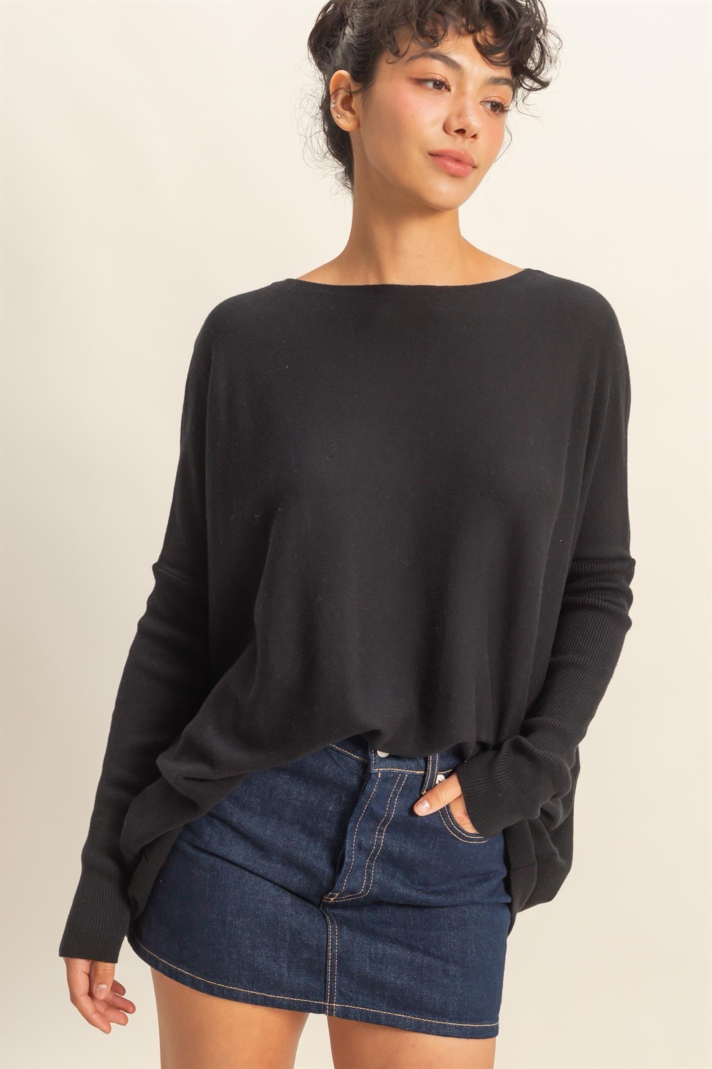 Boat Neck Batwing Sleeve Relaxed Sweater