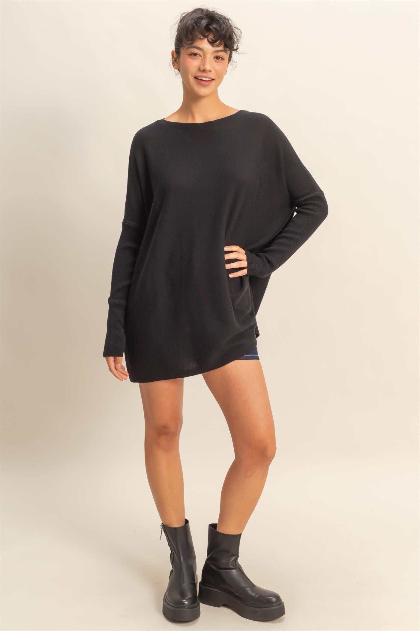 Boat Neck Batwing Sleeve Relaxed Sweater