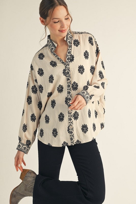 Drop Shoulder Button Down Print Top G15149
