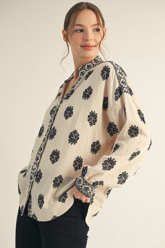 Drop Shoulder Button Down Print Top G15149