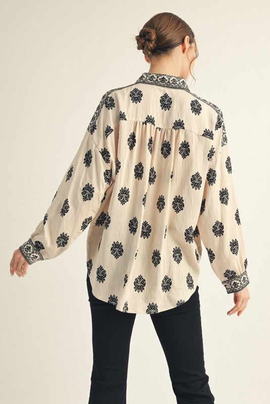 Drop Shoulder Button Down Print Top G15149