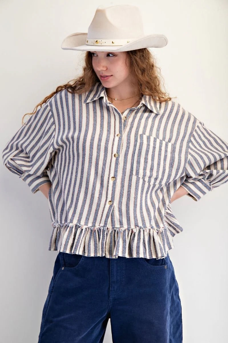 Denim 3/4 SLVS STRIPE LINEN SHIRT