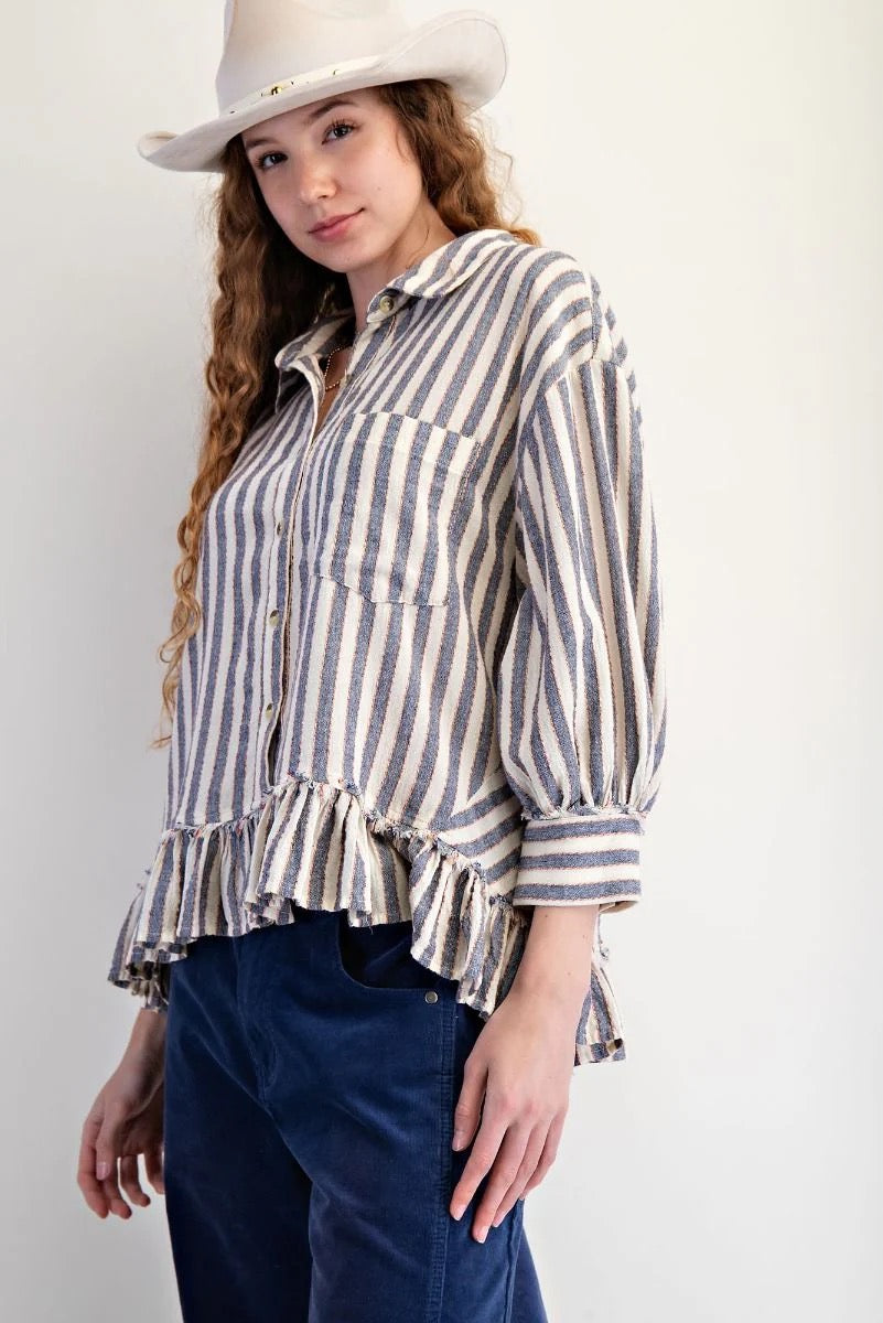 Denim 3/4 SLVS STRIPE LINEN SHIRT
