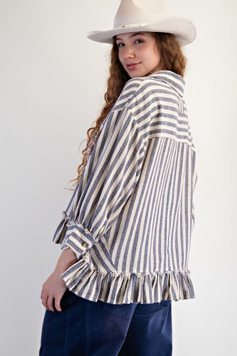Denim 3/4 SLVS STRIPE LINEN SHIRT