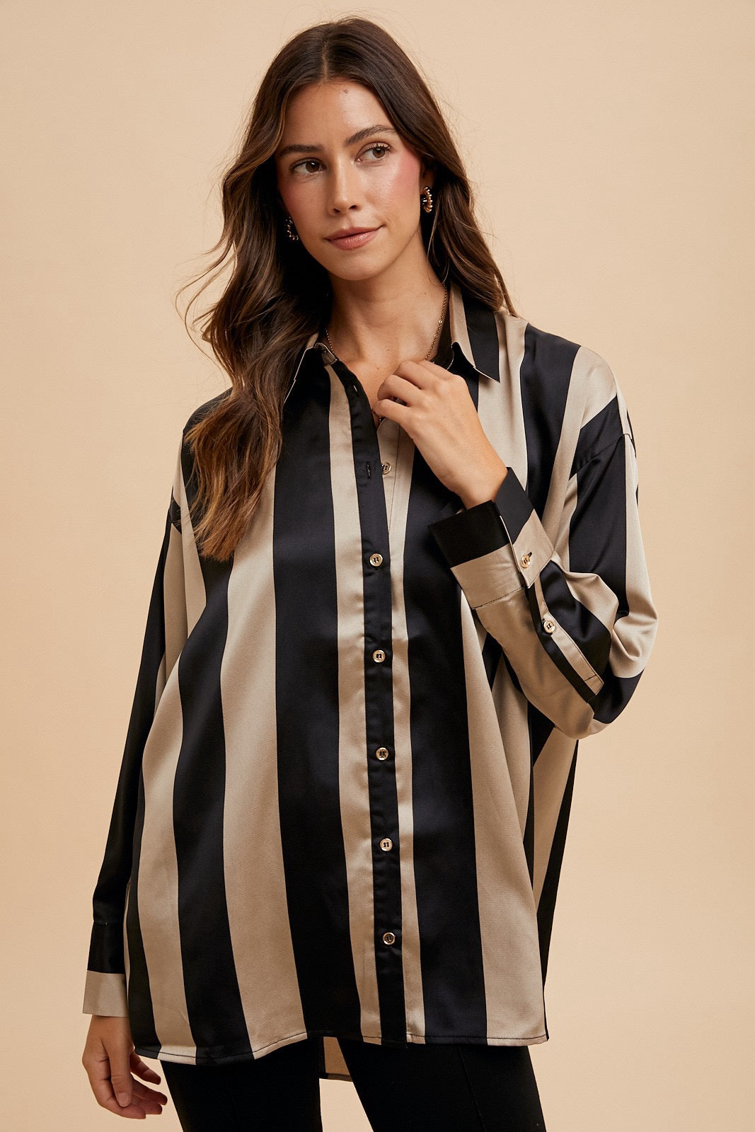 Wide Striped Satin Effect Relaxed Fit Woven Blouse
