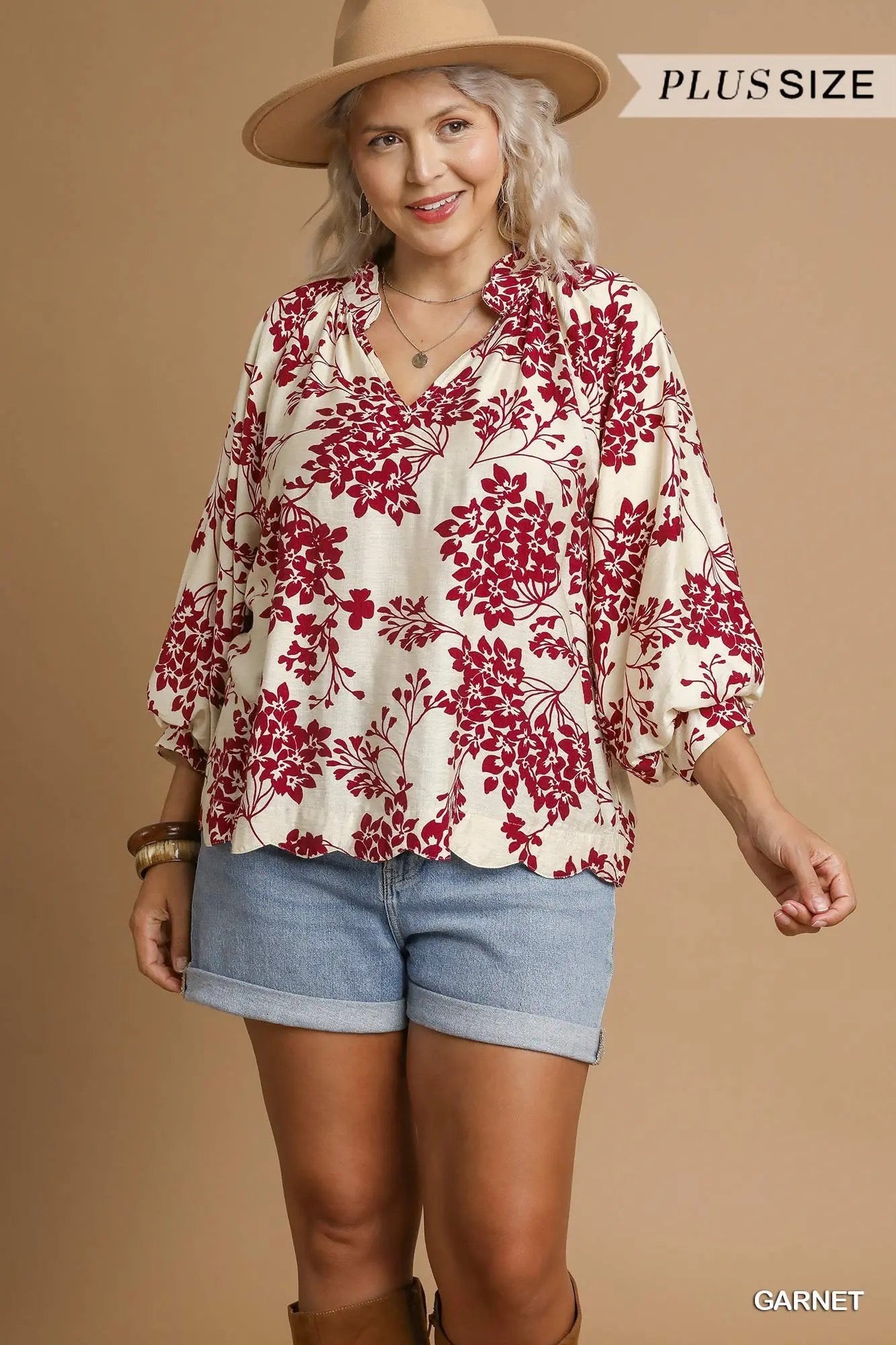 Cherry Blossom Print Scalloped Hem Blouse