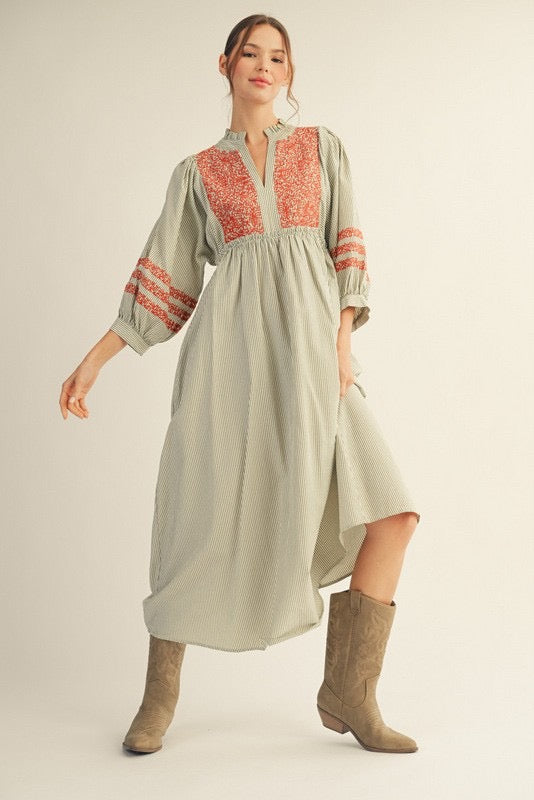 Embroidered Stripe Midi Dress