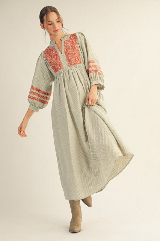 Embroidered Stripe Midi Dress