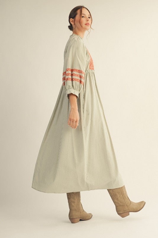 Embroidered Stripe Midi Dress