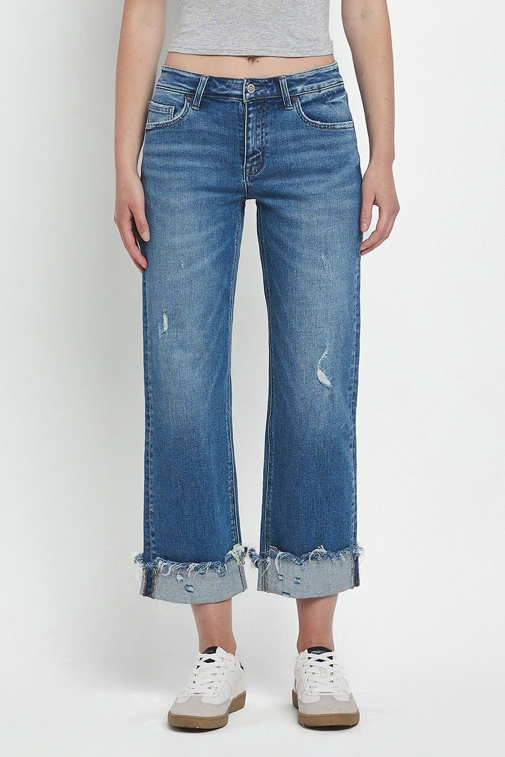 Flying Monkey Mid Rise Raw Cuffed Hem Slim Wide Jeans