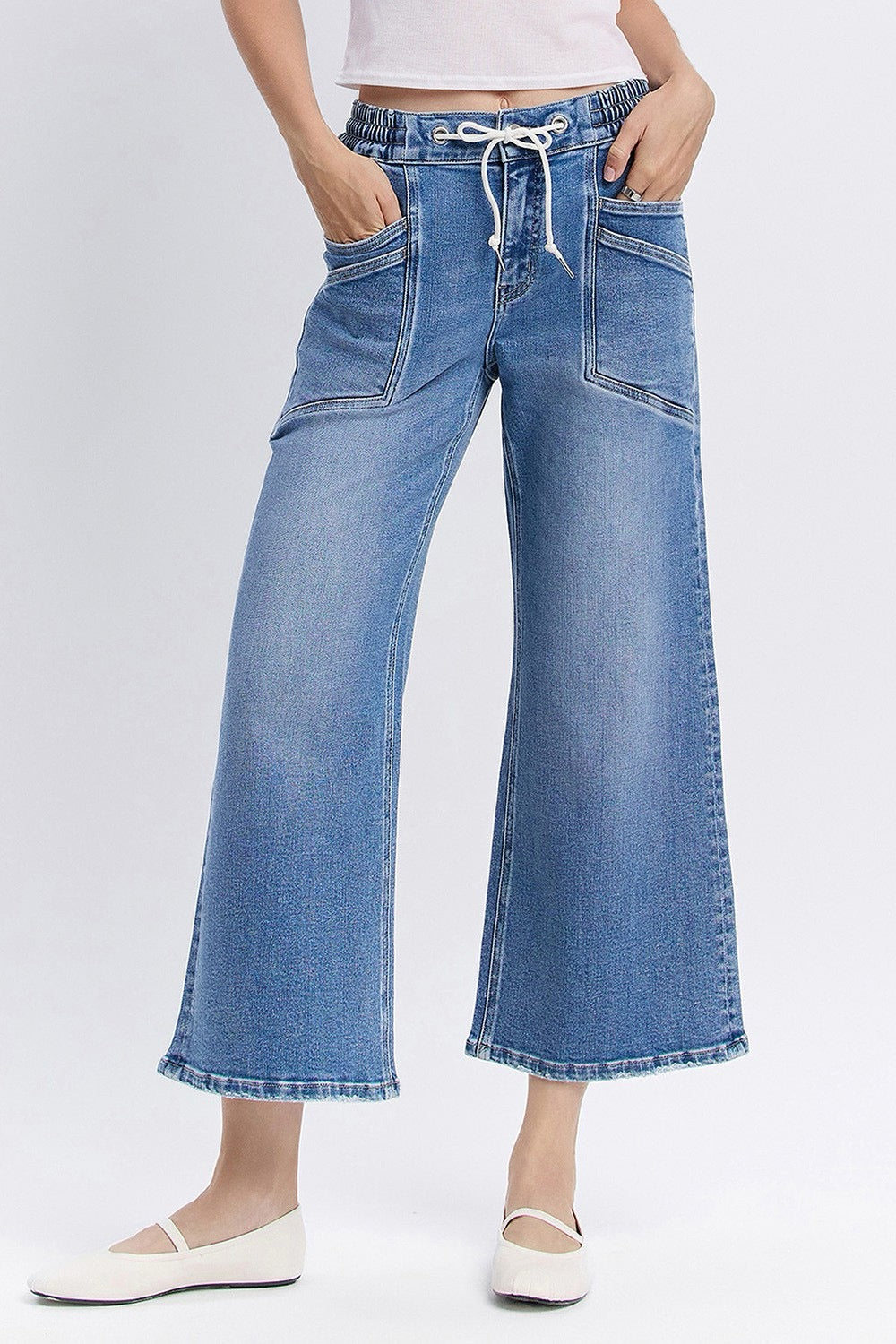 High Rise Drawstring Waistband Wide Leg Jeans