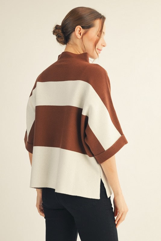 Brown Drop Shoulder Bold Stripe Sweater Top
