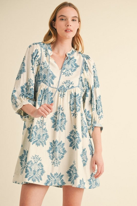 Teal Flower Pattern Print 3/4 Sleeves Dress