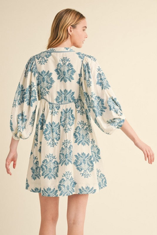 Teal Flower Pattern Print 3/4 Sleeves Dress