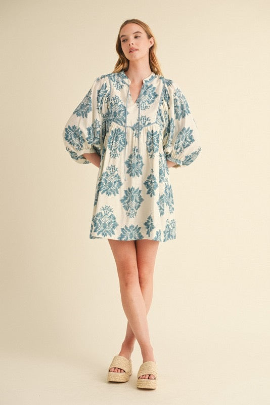 Teal Flower Pattern Print 3/4 Sleeves Dress