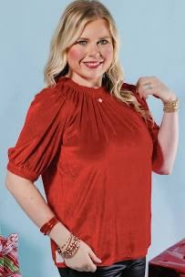 Ivy Jane Red Velvet Rouched Neck Top