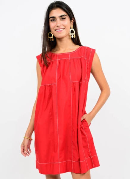 Red Topstitched Tiered Dress