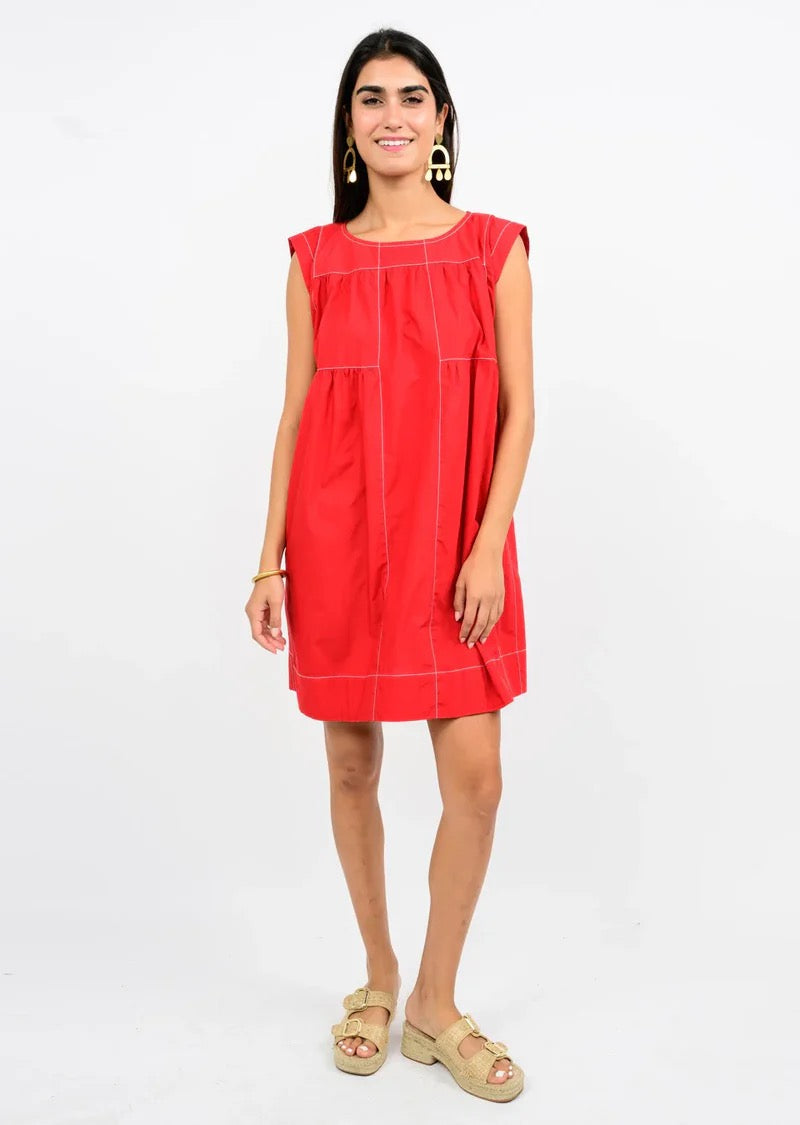 Red Topstitched Tiered Dress