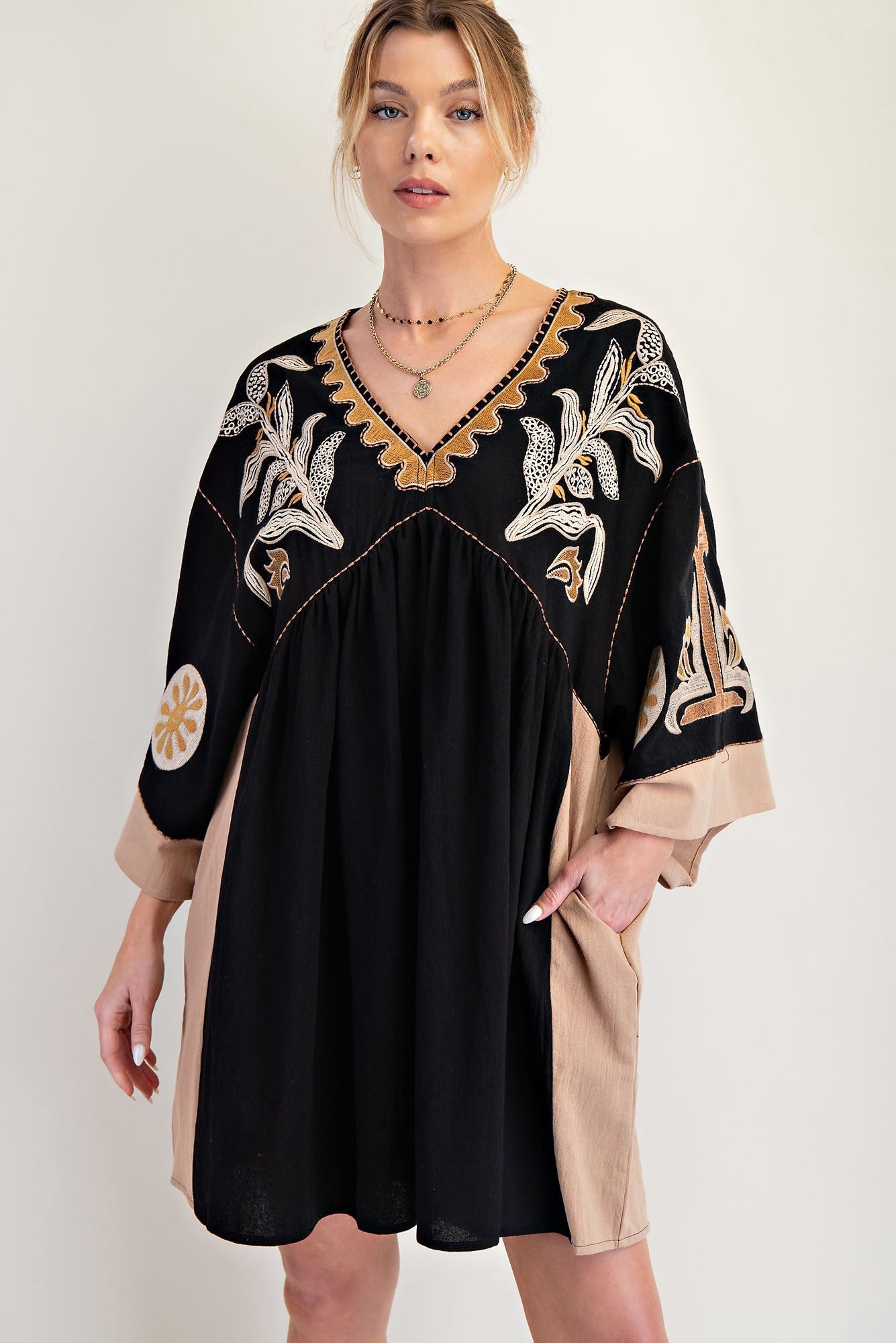 EMBROIDERED POLY LINEN WOVEN DRESS