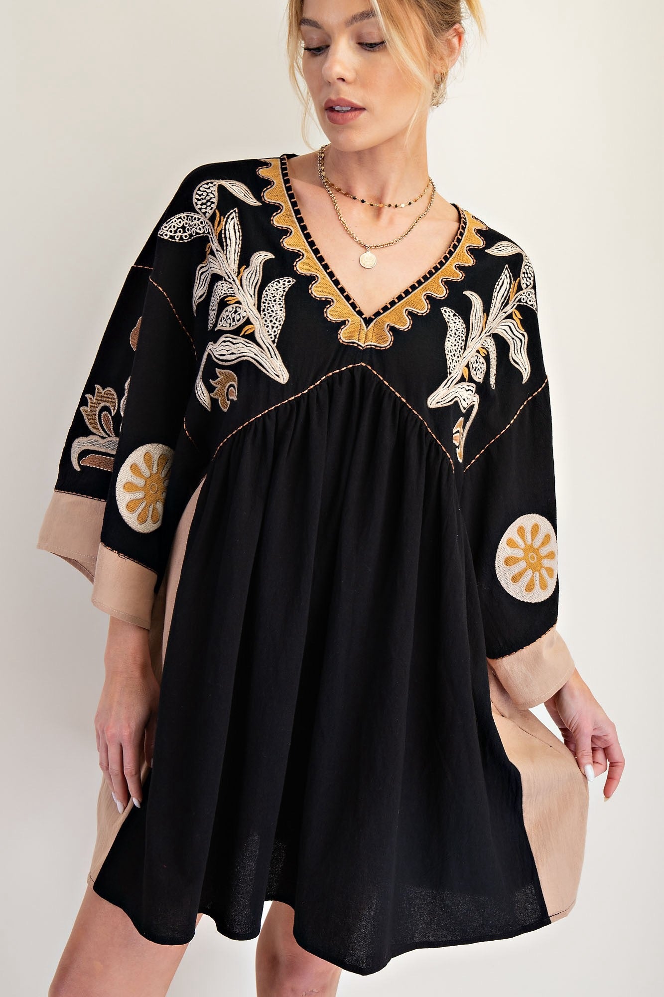 EMBROIDERED POLY LINEN WOVEN DRESS
