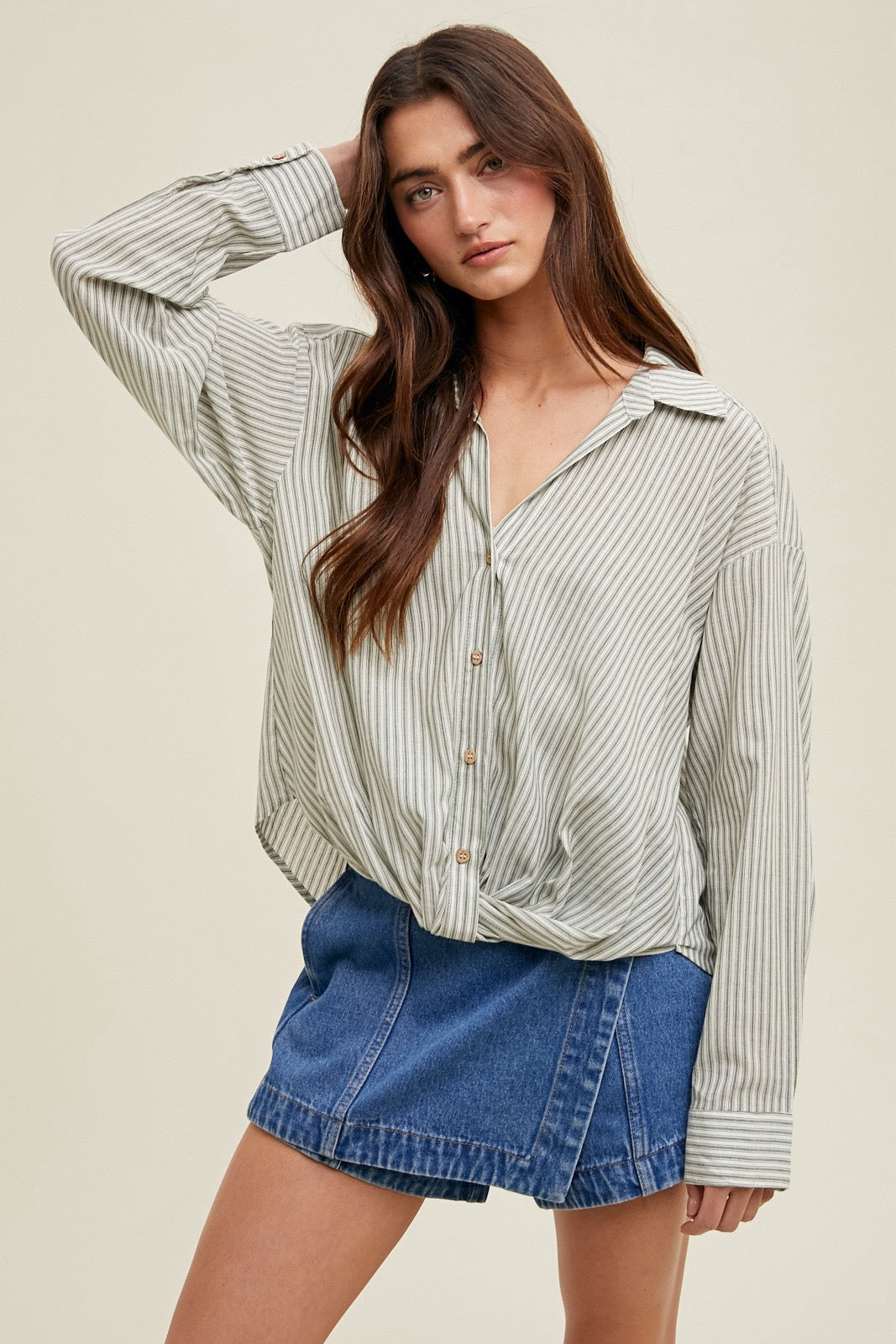 Blue & White Striped Twisted Button-up Blouse