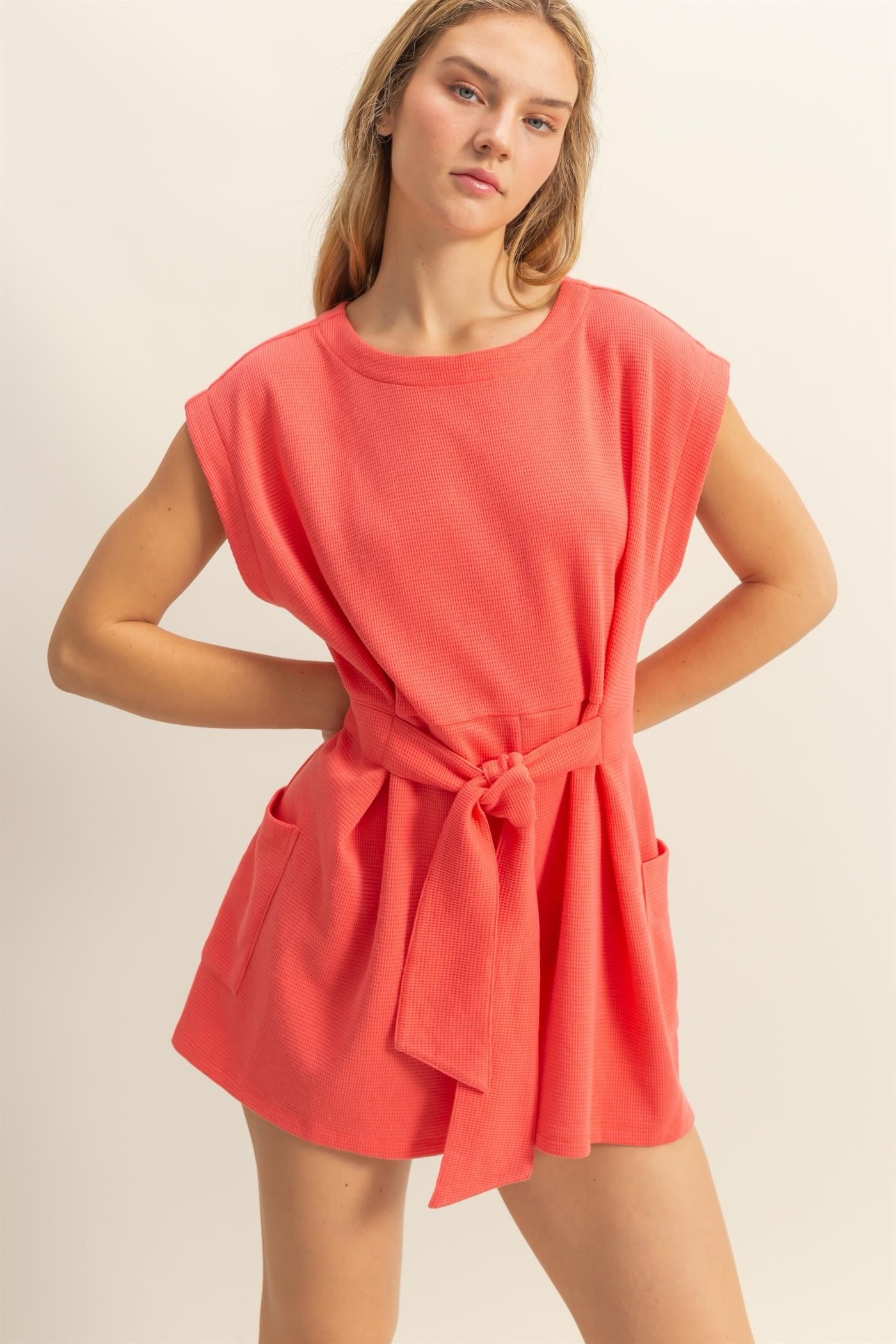 Coral Knit Bow Detail Romper