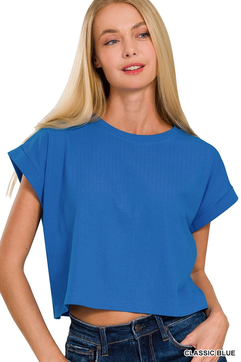 Blue Cotton Folded Sleeve Top