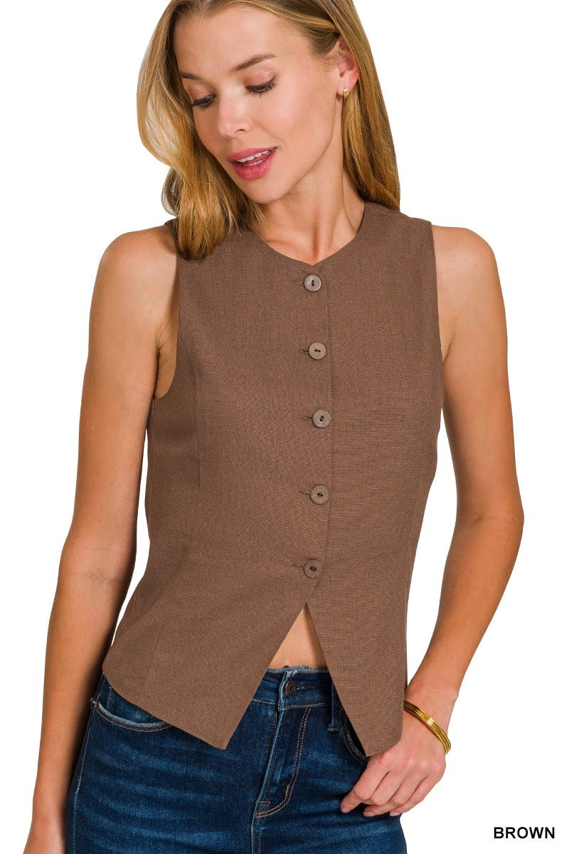 Brown Linen 5 Button Vest