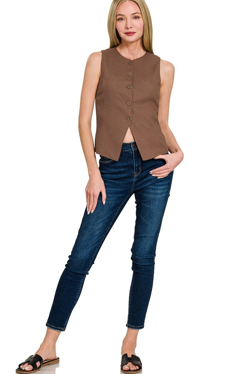 Brown Linen 5 Button Vest